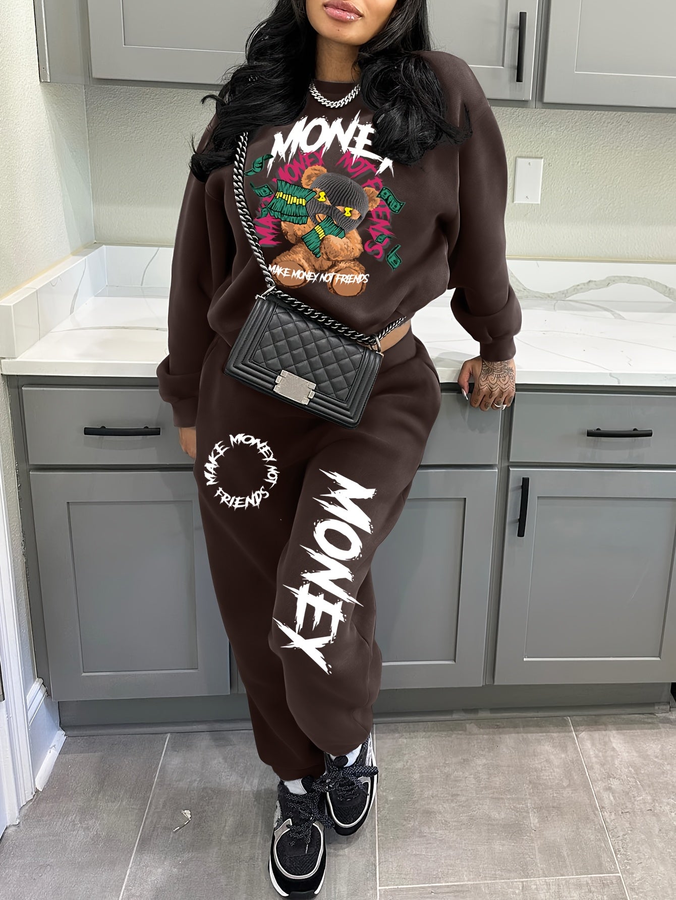 Women'S Casual Polyester Tracksuit, Crew Neck Knit Fabric Alphabet Pattern Loungewear, with Sweatshirt and Pants Set